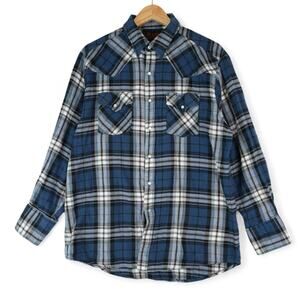 Plains Western Wear Shirt Mens Large Blue Plaid Pearl Snap Long Sleeve Cowboy